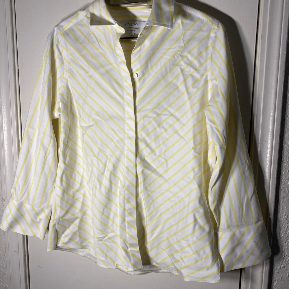 Foxcroft NYC Womens Yellow White Striped Non Iron Stretch Button Up Shirt 6 flaw - Picture 2 of 6